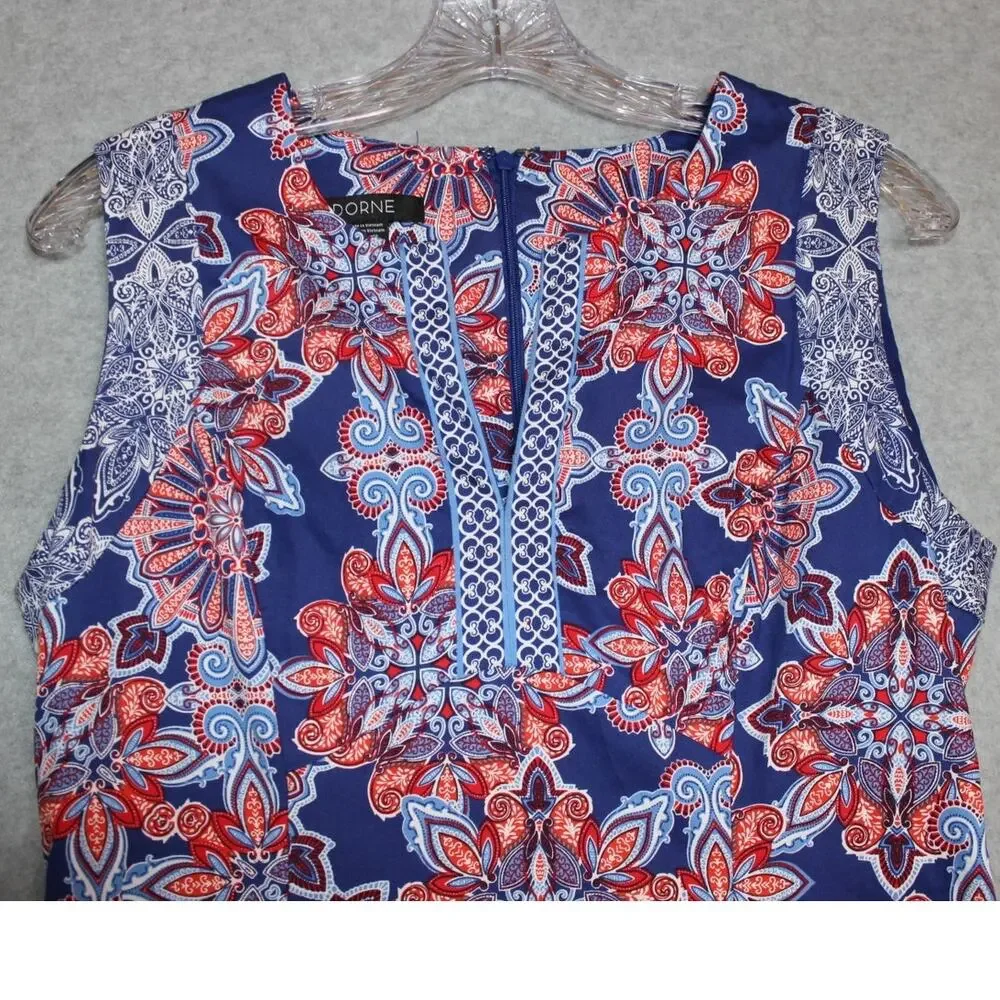 Stitch Fix ADORNE Cornelia Blue Paisley Cotton Scuba Dress Size 4‎ Split Neck